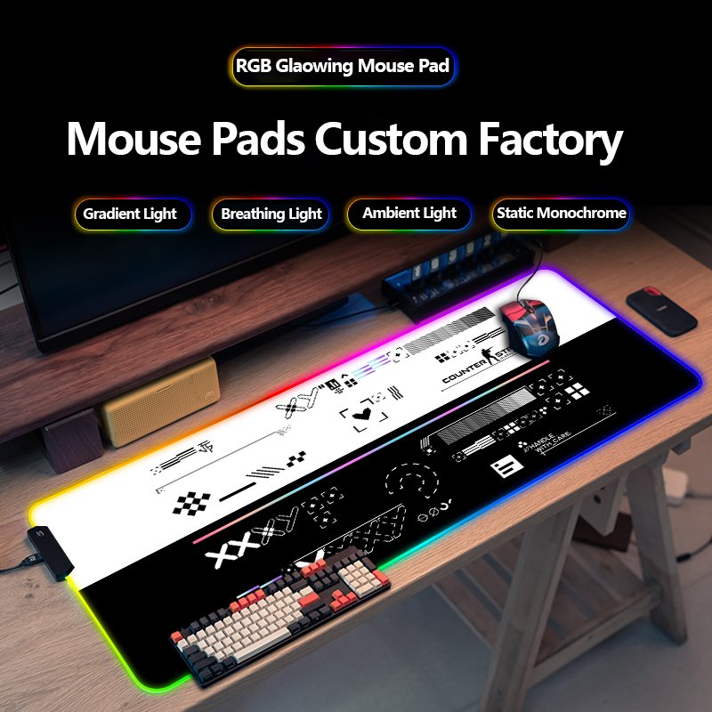 Custom Sublimation Printing High Quality Glowing RGB LED Mouse Pad and Keyboard Mat USB Gaming Mousepad with 14 Glowing Mouspad