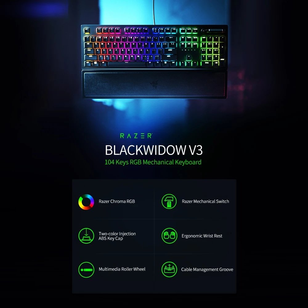 Razer BlackWidow V3 Mechanical Keyboard 104 Keys Wired Gaming Keyboard with Razer Chroma RGB Yellow/Green Mechanical Switch