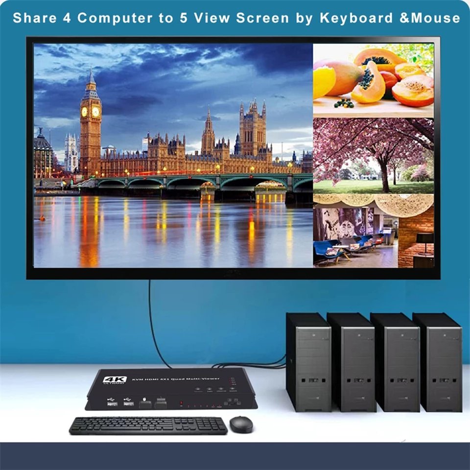 4K 30hz 4x1 HDMI KVM Switcher 4 In 1 Out Audio Video Converter USB Keyboard Mouse Control 4 Laptop PC KVM Switch HDMI