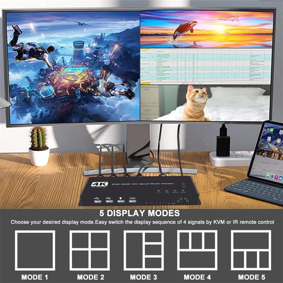 4K 30hz 4x1 HDMI KVM Switcher 4 In 1 Out Audio Video Converter USB Keyboard Mouse Control 4 Laptop PC KVM Switch HDMI