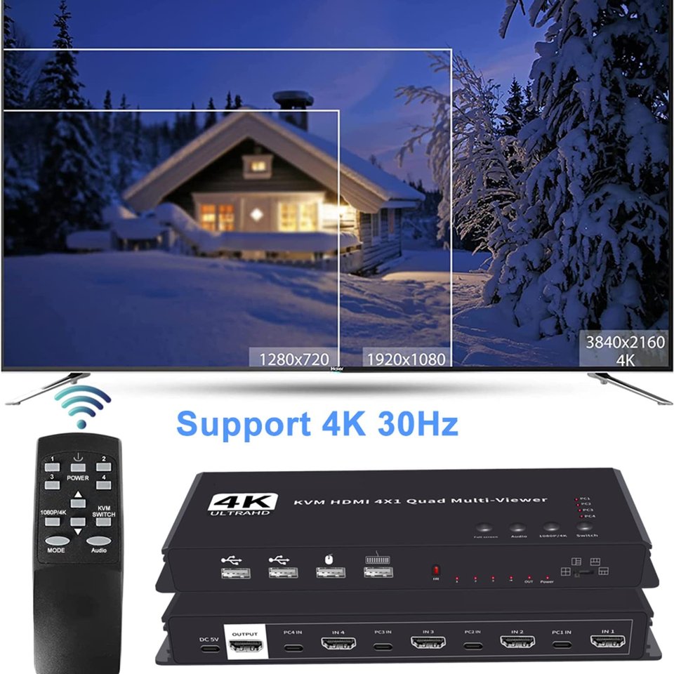 4K 30hz 4x1 HDMI KVM Switcher 4 In 1 Out Audio Video Converter USB Keyboard Mouse Control 4 Laptop PC KVM Switch HDMI