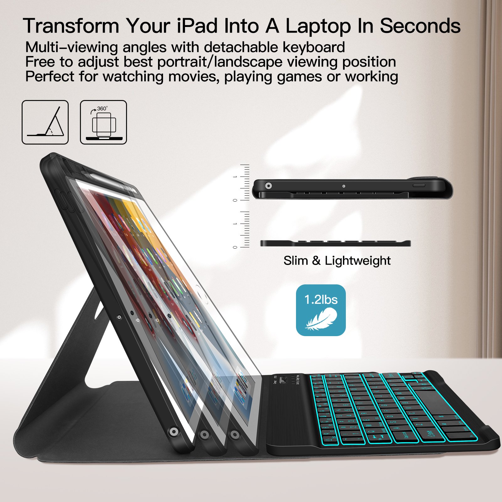 For Ipad 10.2 Inch Pu Leather Case Wireless Keyboard Cover For Ipad 7/8/9th Generation