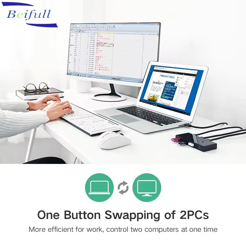 2 port Computers Adapter Hub USB 3.0 KVM sharing Switch Selector with One Button Swapping