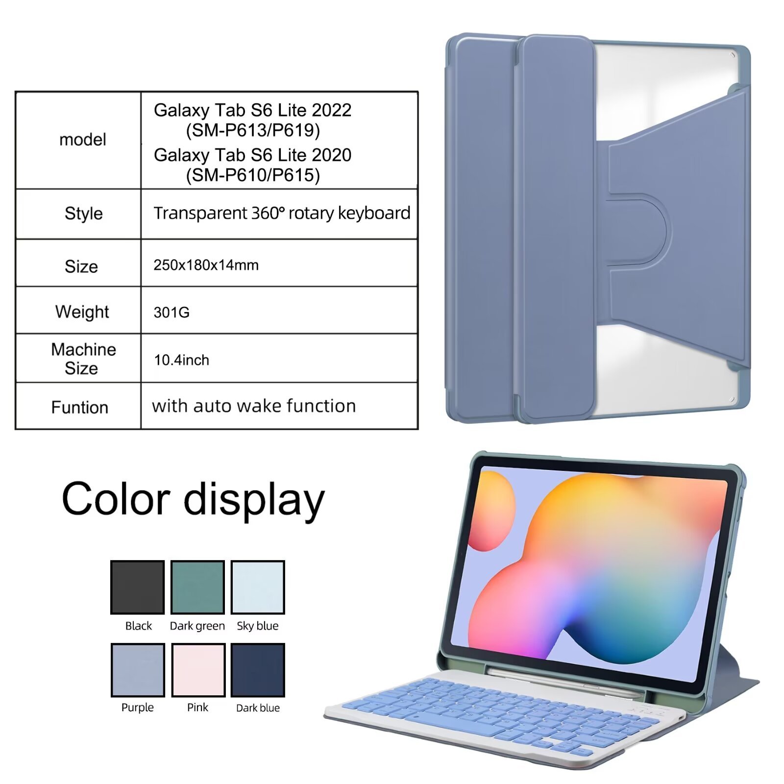 360 rotating New Keyboard Case for Samsung Galaxy Tab S6 Lite 10.4" 2022/2020 Clear Back Shockproof tablet Cover