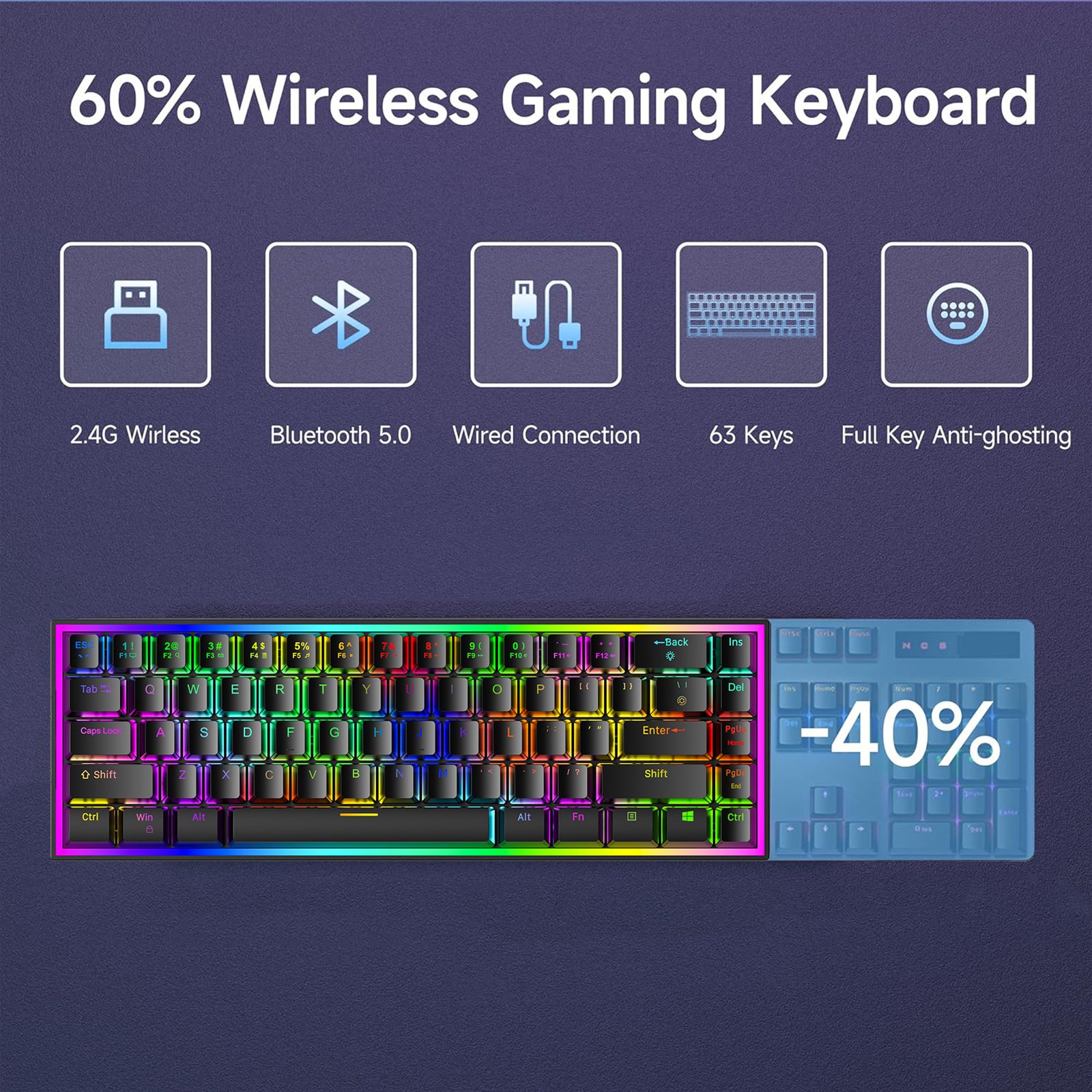 COUSO New Arrival 68 Keys Bluetooth Gaming Keyboard RGB Backlit Outemu Axis Red Switch 65% Wireless Mechanical Keyboard