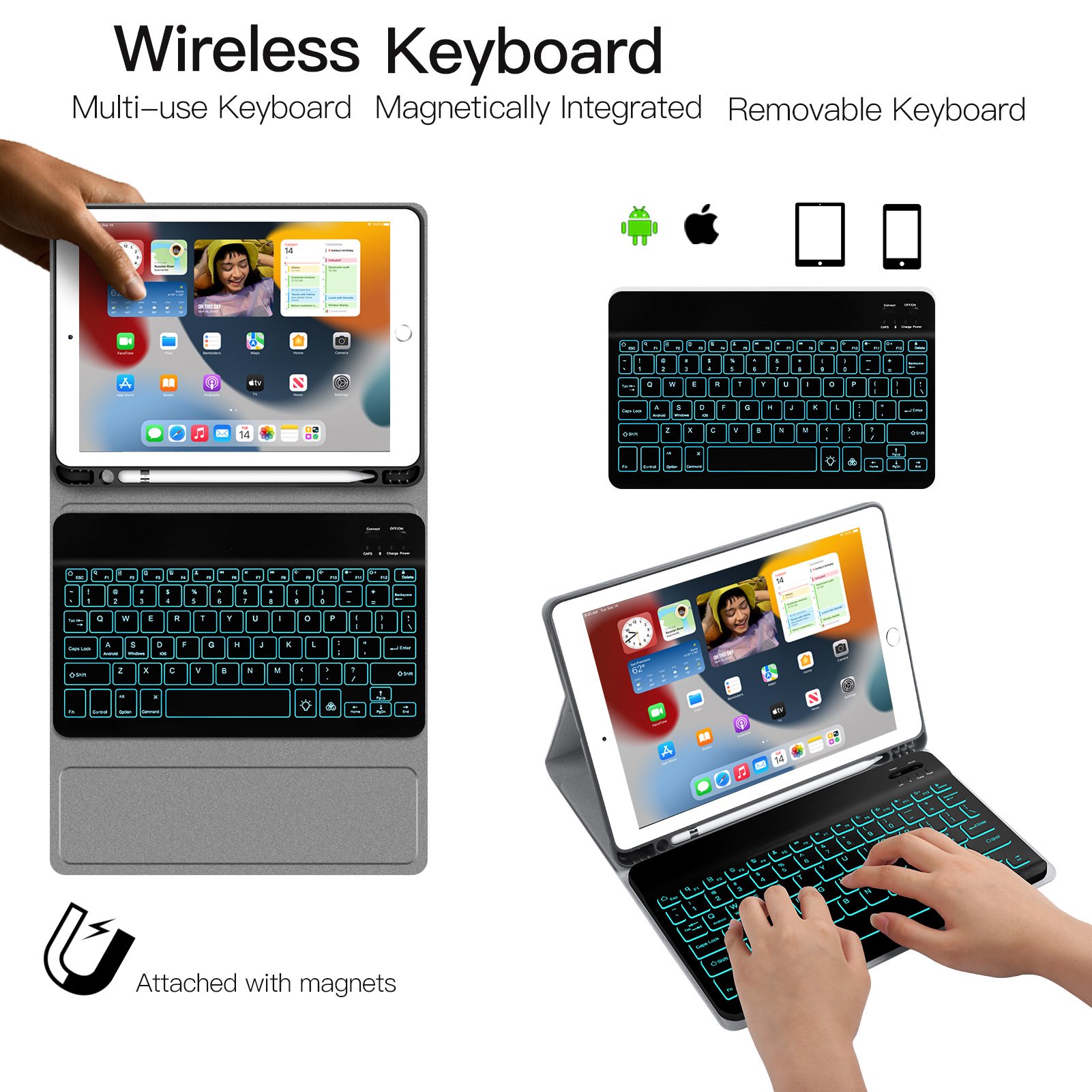 Hot Sale Pu Leather For Ipad 7/8/9th 10.2 Inches With Pencil Holder Seven color backlight For Ipad Pro 11 Keyboard Cover