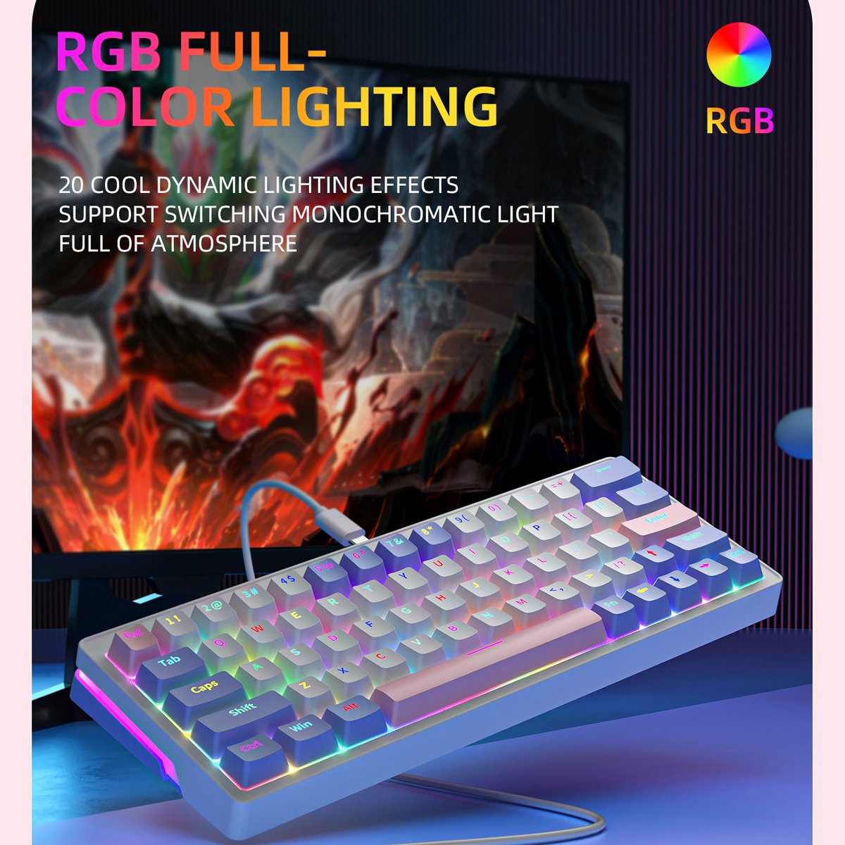 ZIFRIEND ZA63 2.4G Wireless 60% Keyboard Hot Swap Yellow Switch RGB Backlit Gaming Keyboard Mechanical Russia Layout 63 Keys