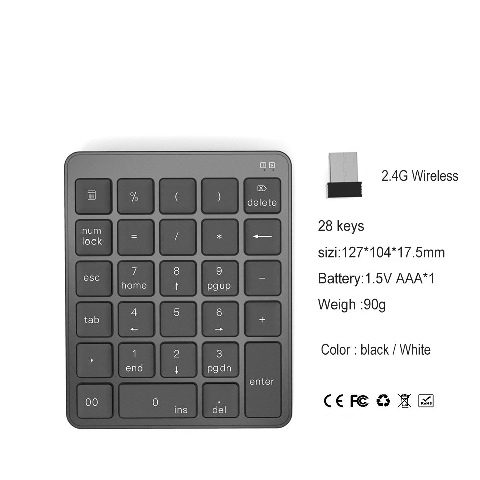 Portable Multifunction Mini Rechargeable Scissor Switch Number Keyboard USB BT Wireless 28 Keys Numeric Keypad for Financial