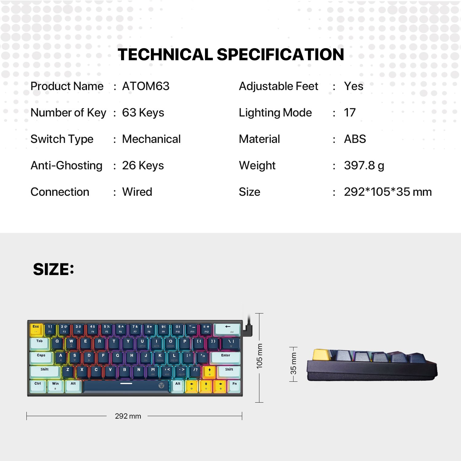 FANTECH MK874v2 ATOM63 High-Quality Materials Enhanced Typing Comfort Wide Compatibility Mechanical Keyboard