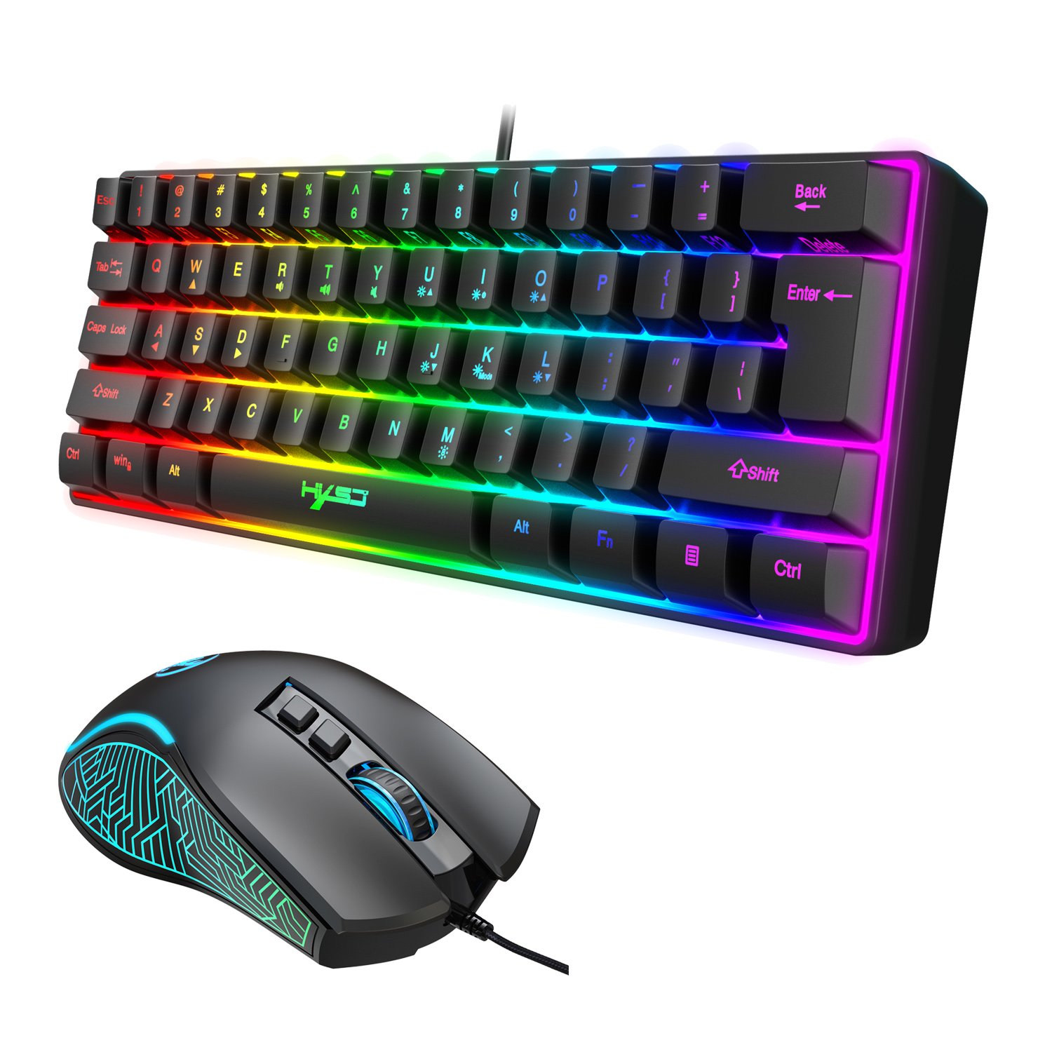 Best value HXSJ colourful 61 keys V700 RGB luminous mechanical feel keyboard and mouse combos for computer pc desktop