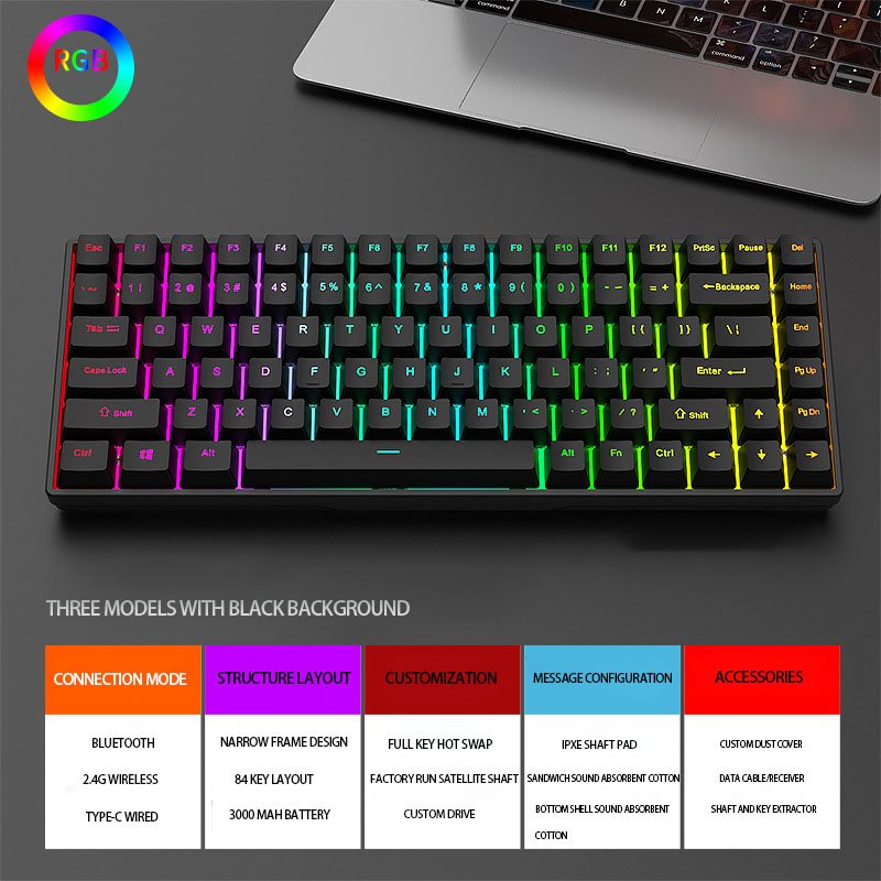 Wireless three-mode Full bond no programmable Hot swap 75% 84 key gamer RGB colored computer pc gaming mechanical keyboard