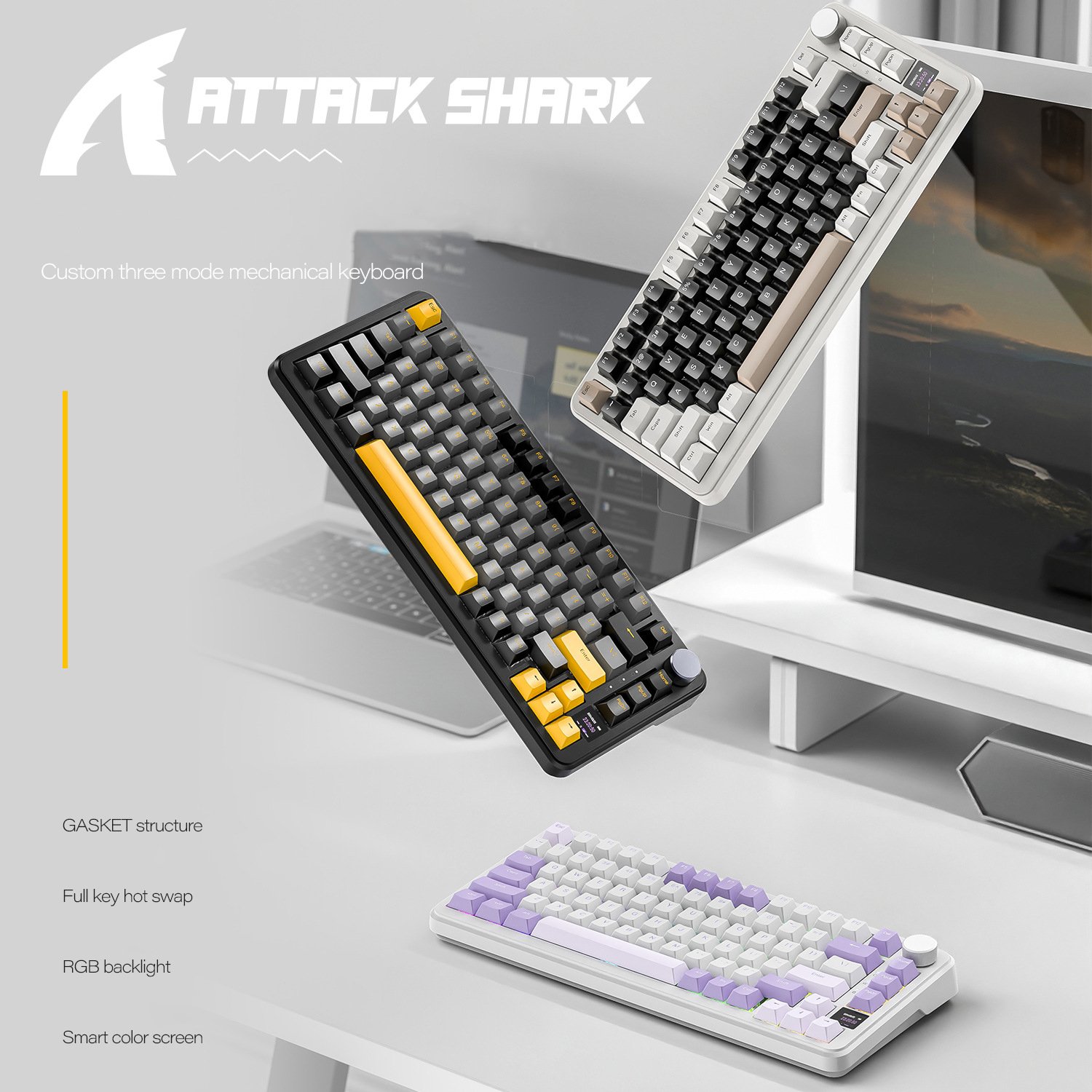 Attack Shark X85 PRO three mode RGB BT wireless mechanical keyboard with display customized hot plug game mechanical keyboard
