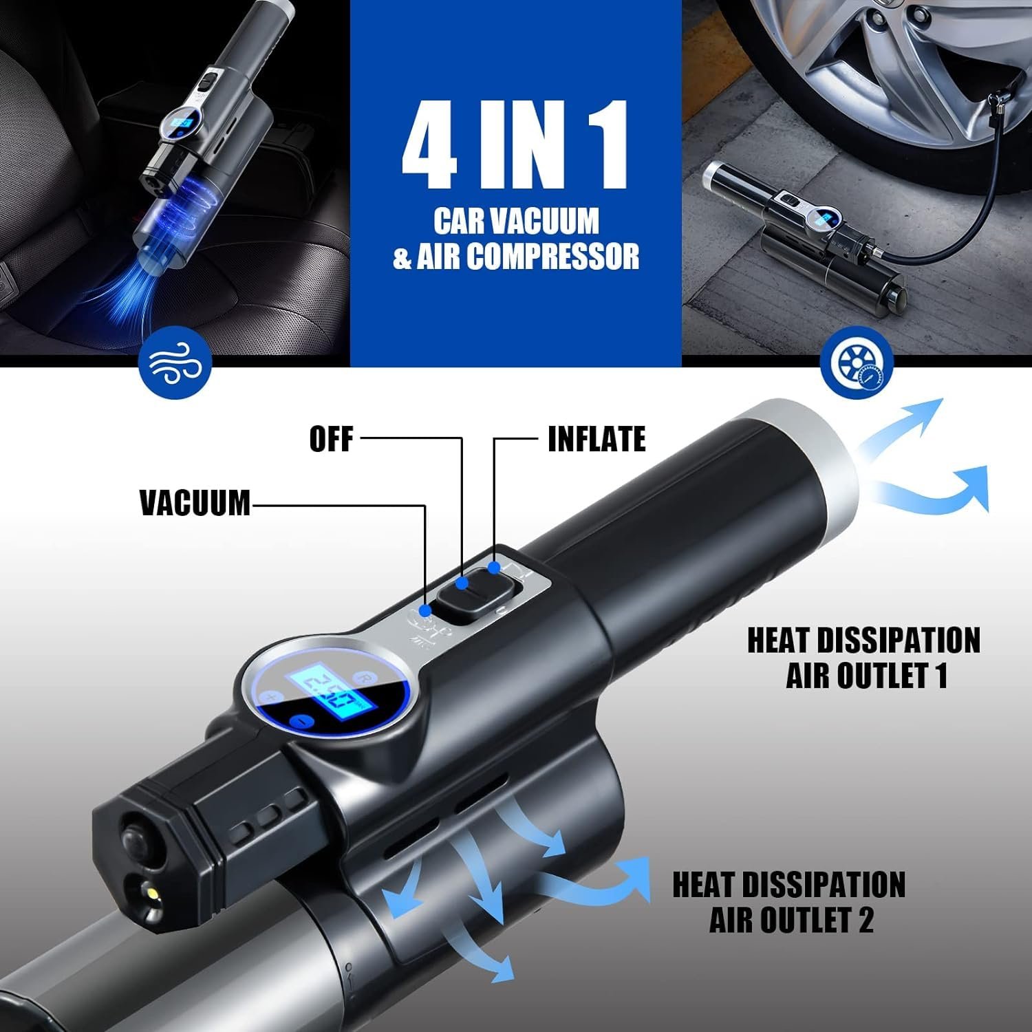 4 In 1 Mini Portable USB Charging Wireless Electric Handheld Vacuum Cleaner With Digital Tire Pressure Gauge For Car Inflator