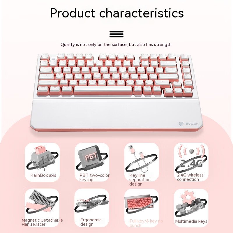 professional gaming keyboard 82 keys rgb led backlit office wired 2.4G wireless pink mechanical keyboard