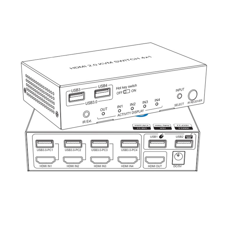 Hot 8k@60 HDMI KVM Switch with audio extractor 4 IN 1 OUT port HDM I2.0 Switch 4X1 with KVM resolution IR remote control
