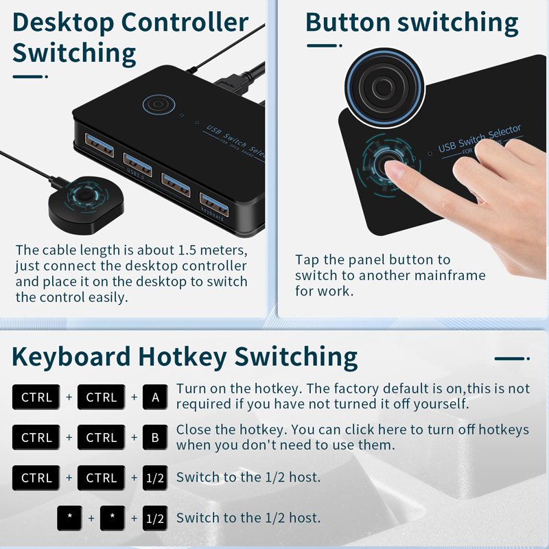 USB3.0 Switch Selector 2x4 USB Switcher 2 Port Sharing 4 Devices 4 port Hub Support keyboard shortcut switching