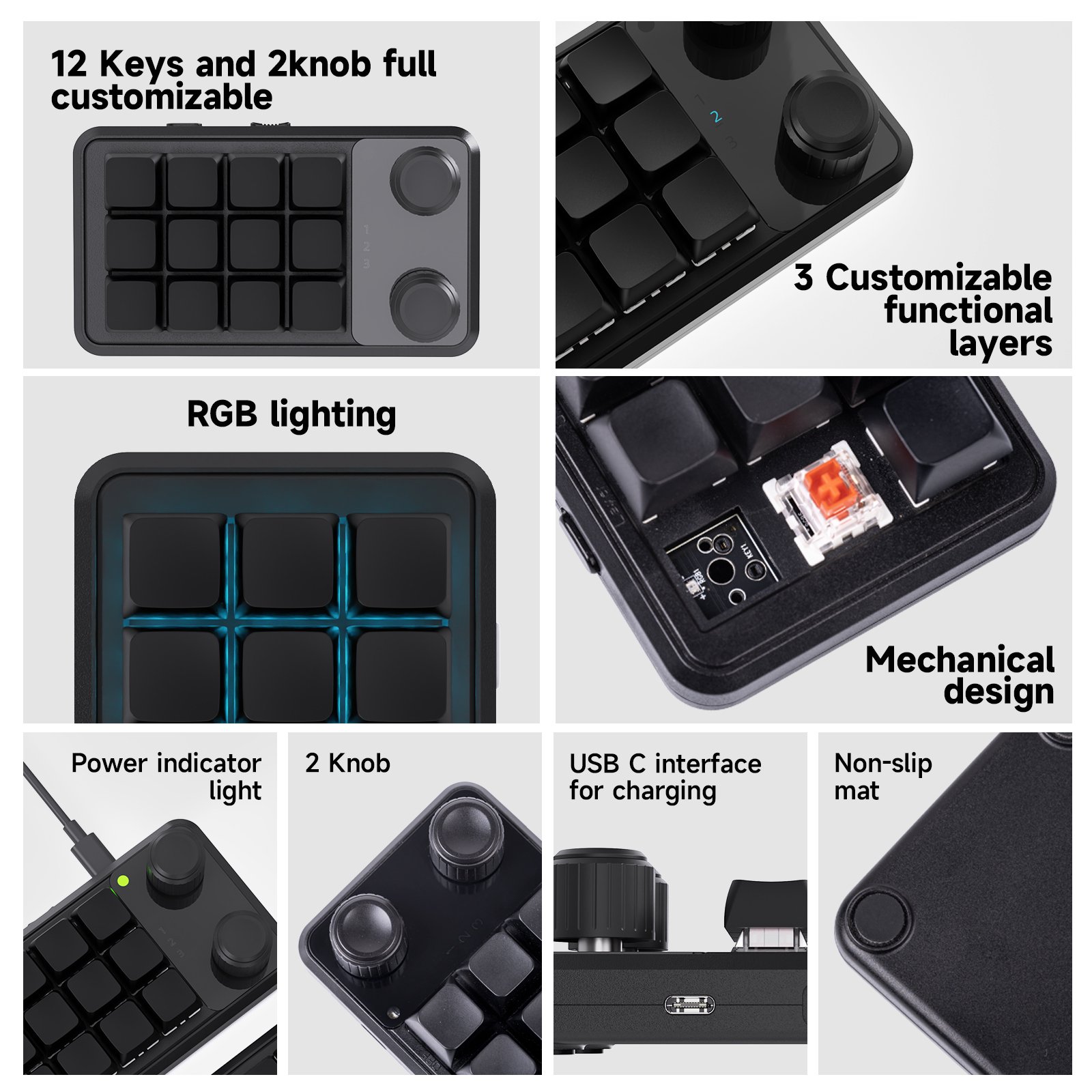 2.4G Wireless Programmable Macro Keypads USB-C Mini Customized Keyboard 12 Keys 2 Knobs Multimedia LED Light Mechanical Hot Swap