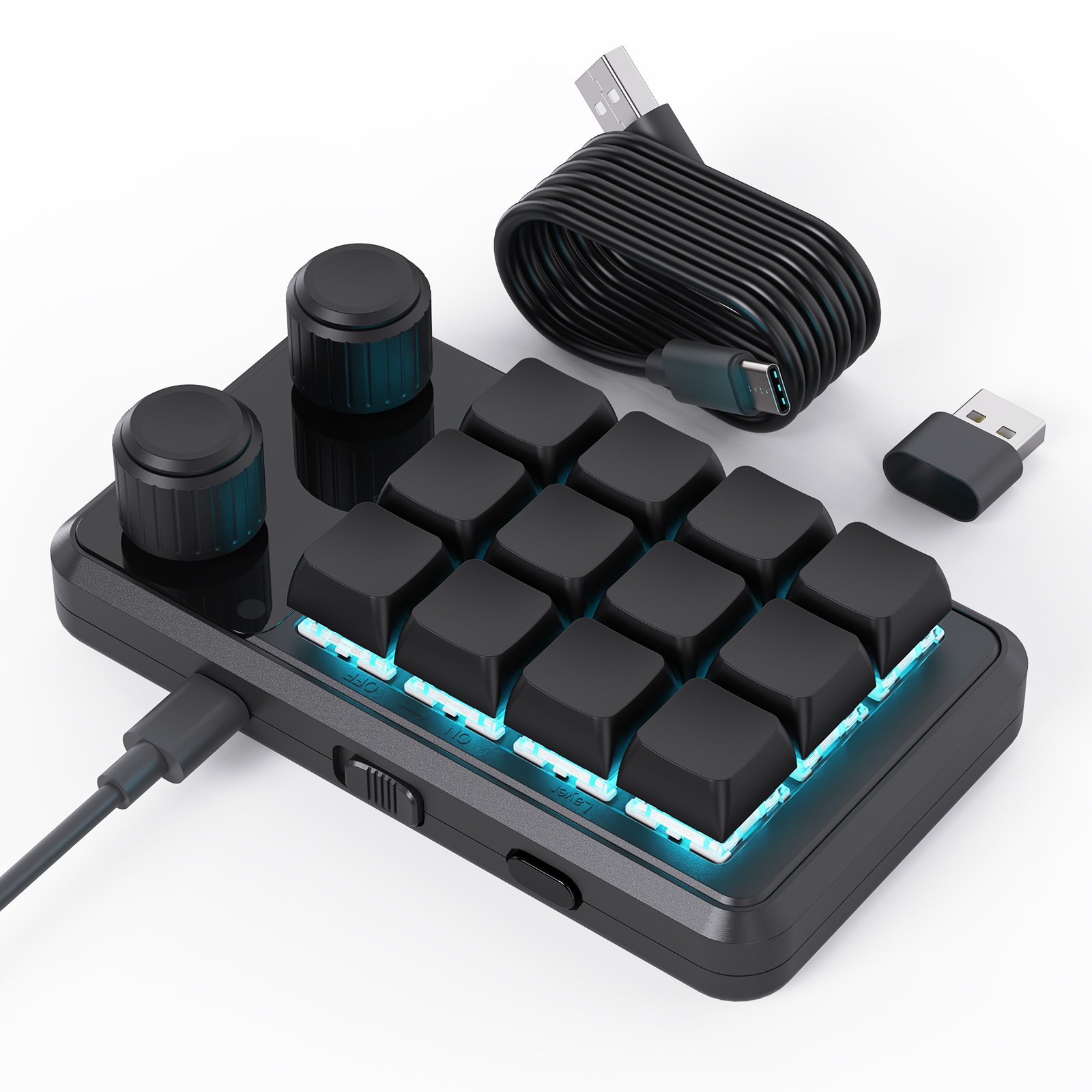 2.4G Wireless Programmable Macro Keypads USB-C Mini Customized Keyboard 12 Keys 2 Knobs Multimedia LED Light Mechanical Hot Swap