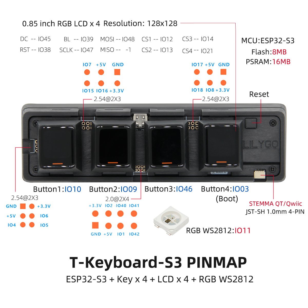 LILYGO T-Keyboard-S3 ESP32-S3R8 keyboard controller Module intelligent key switch controller developed board with LCD screen