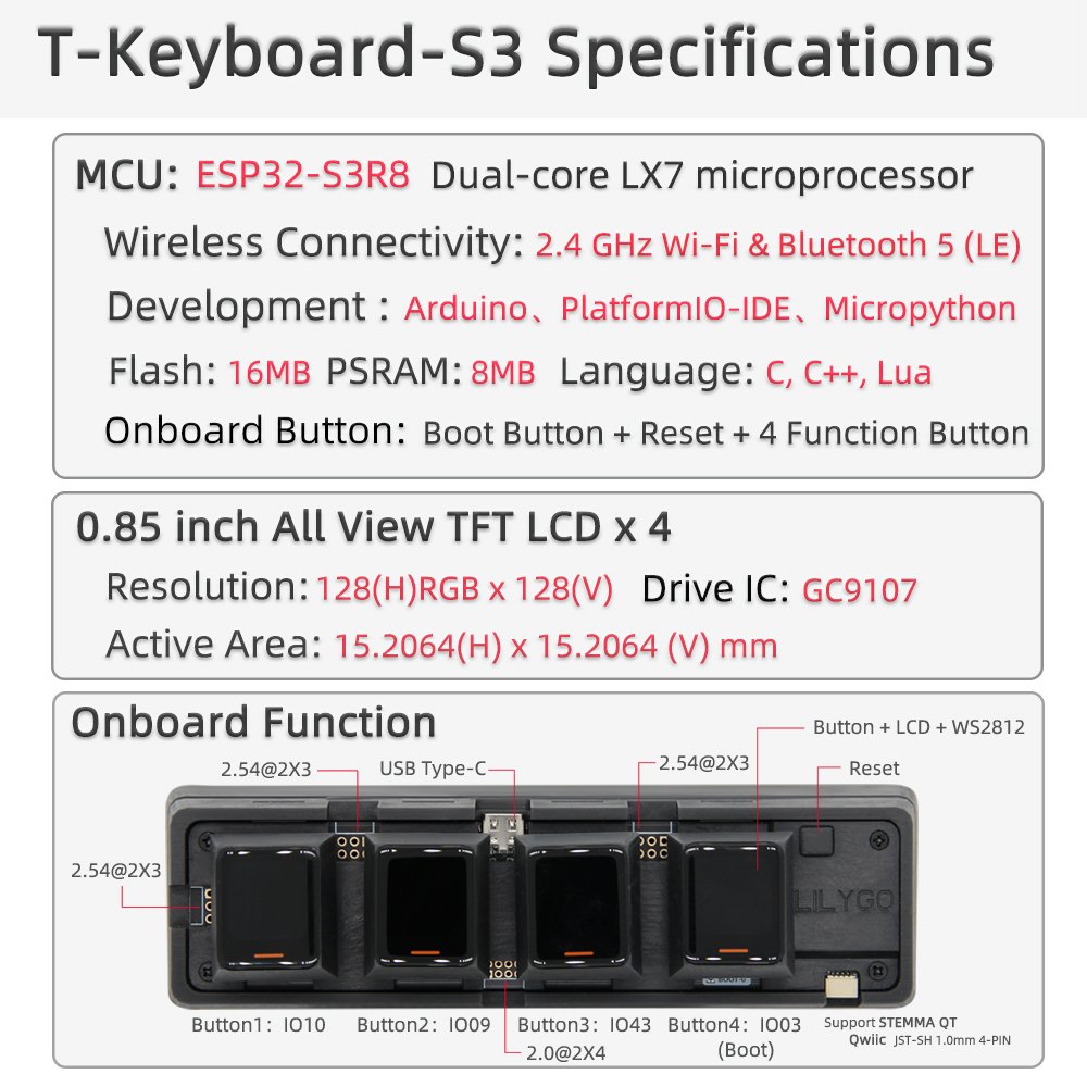 LILYGO T-Keyboard-S3 ESP32-S3R8 keyboard controller Module intelligent key switch controller developed board with LCD screen
