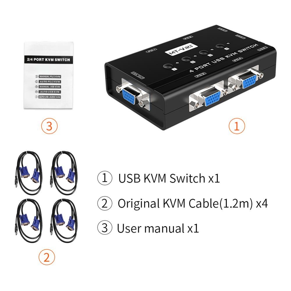 MT-ViKI VGA KVM Switch Box 4 Port USB Hub Sharing 4 Computers KVM Switcher
