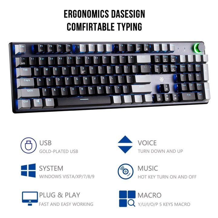 104 Keys Rgb Backlit ABS Keycap USB Type-C Kailh Axis Blue Switch Multimedia Keys Mechanical Gaming Keyboard For Desktop