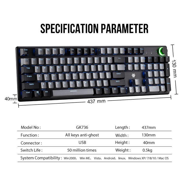 104 Keys Rgb Backlit ABS Keycap USB Type-C Kailh Axis Blue Switch Multimedia Keys Mechanical Gaming Keyboard For Desktop
