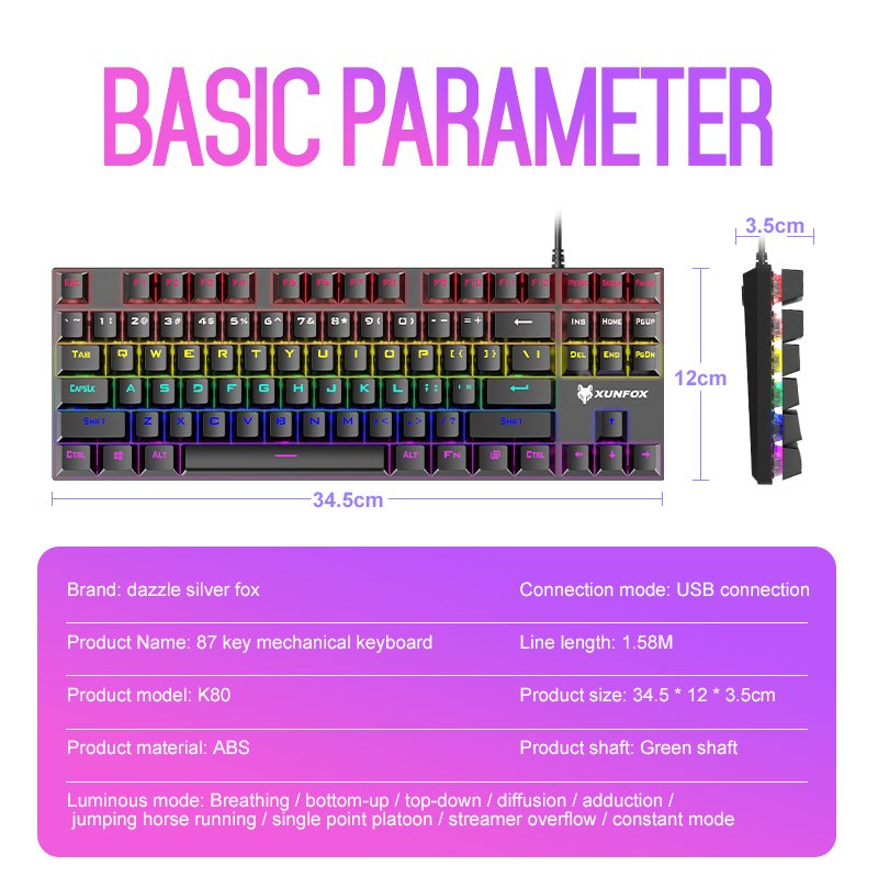 Factory wholesale K80 87 keys metal wired keyboard RGB light gaming mechanical keyboard