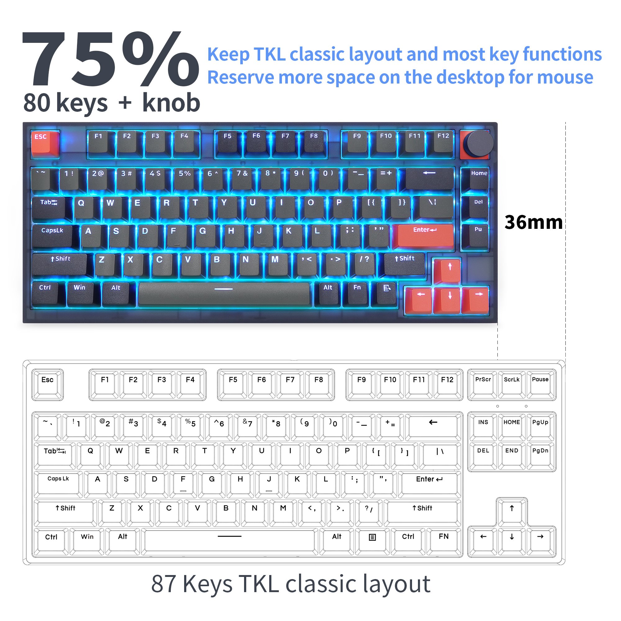 Skyloong new hotsale wired 75% win/mac single LED backlit optical switch gaming mechanical keyboard