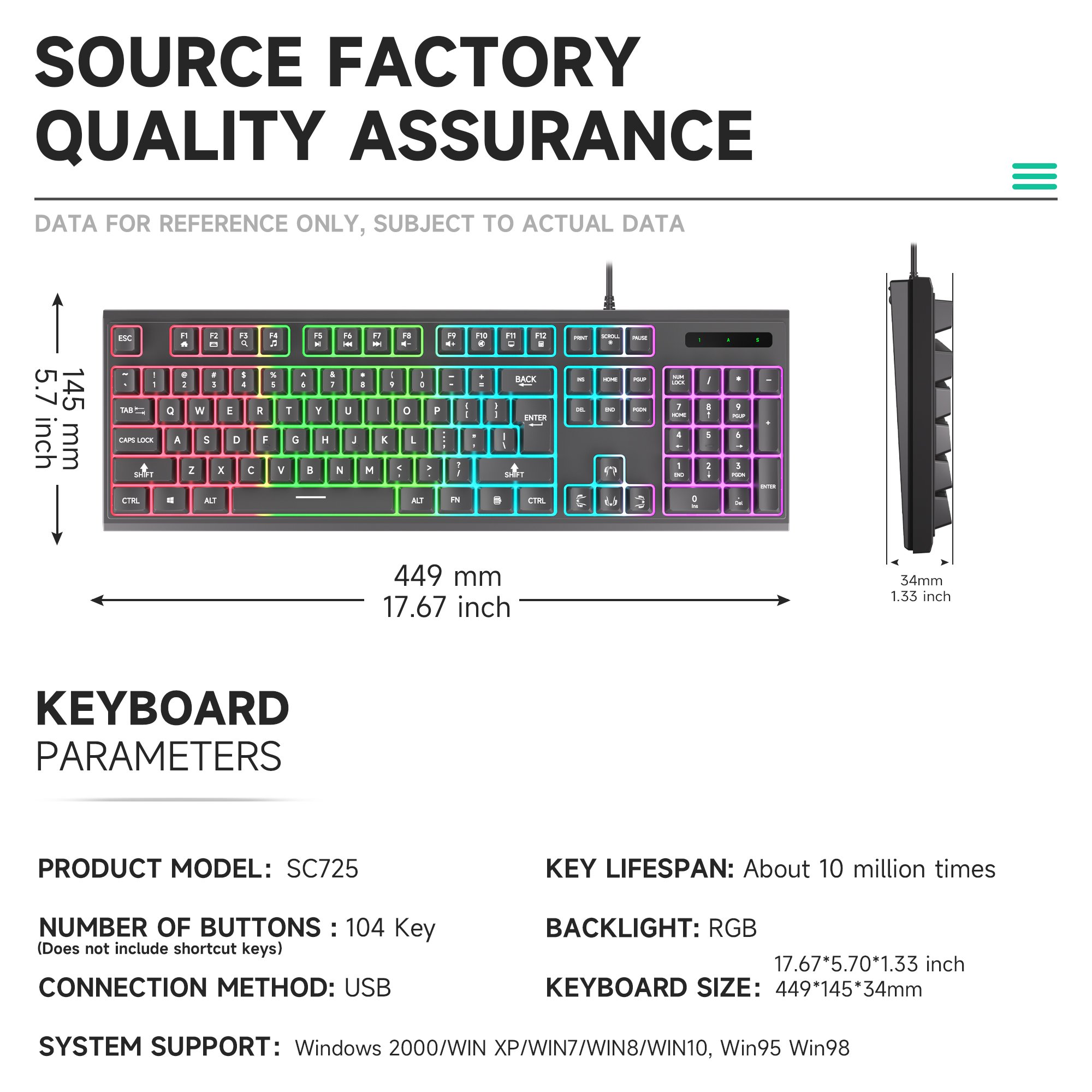 Ergonomic 104-Keys Wired Computer Gaming Keyboard RGB Backlit USB Interface for PC Gamers and Desktop Users