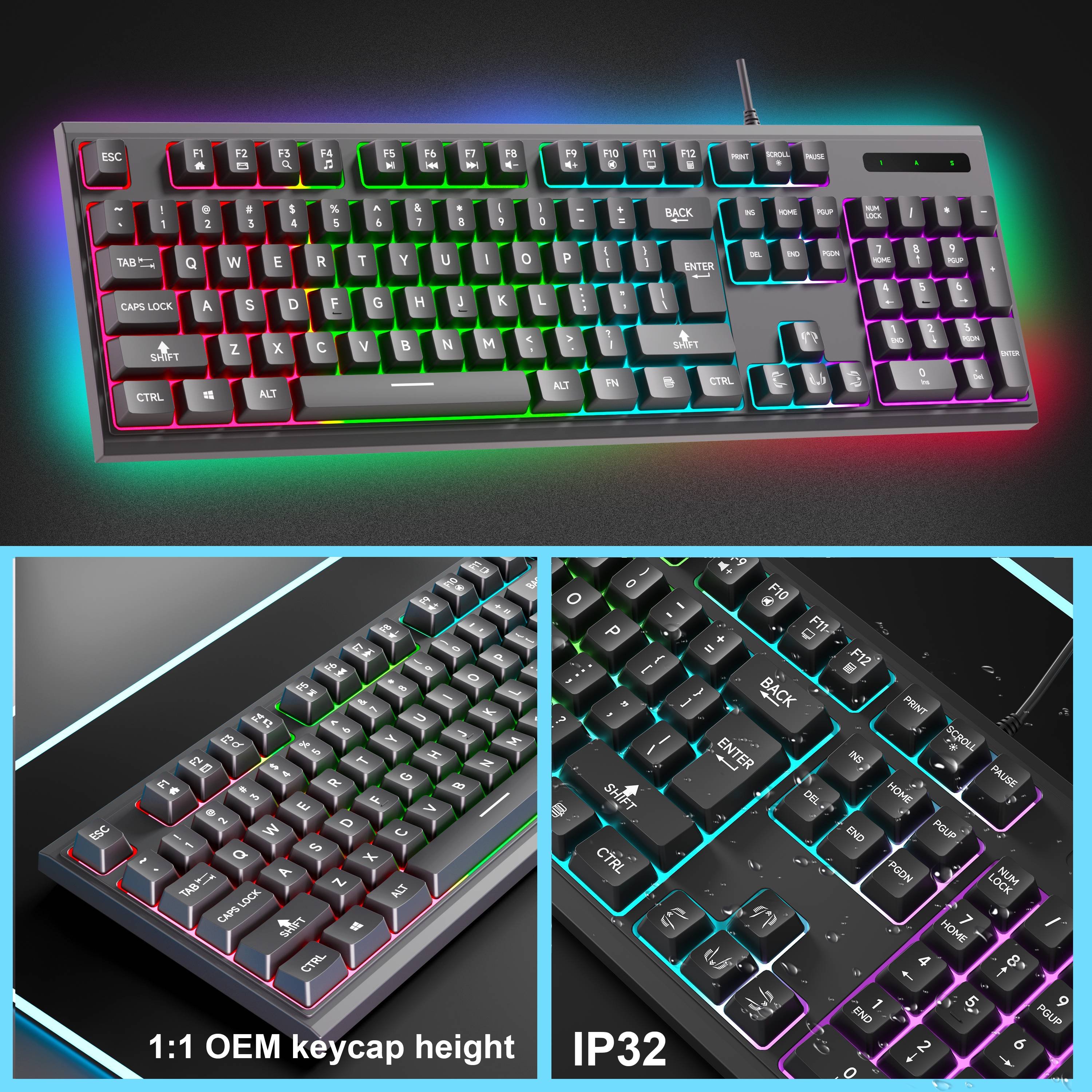 Ergonomic 104-Keys Wired Computer Gaming Keyboard RGB Backlit USB Interface for PC Gamers and Desktop Users