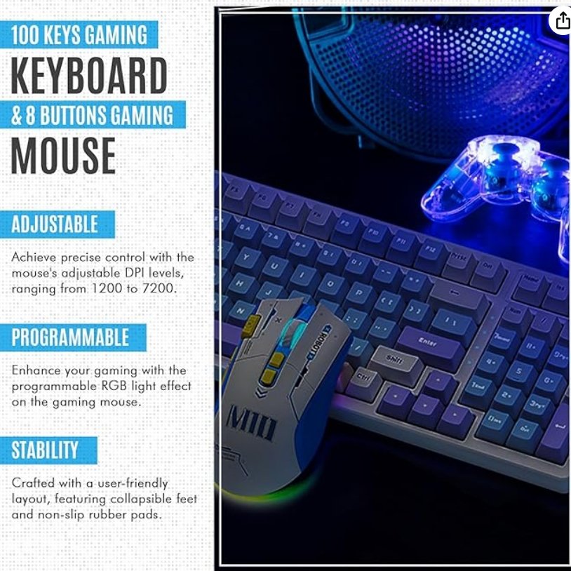 Gaming Keyboard and Mouse Combo Set Wired Keyboard Blue Led Backlit Keyboard Blue Switch 100 Keys US Layout RGB