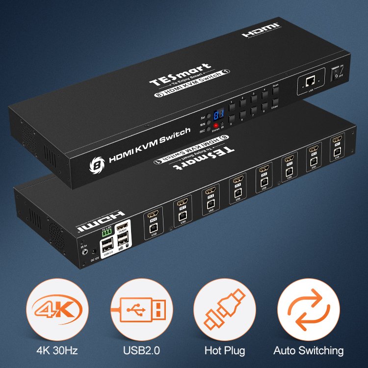 TESmart 8x1KVM Switcher Remote USB 2.0 8 in 1out 4K 30Hz EDID 1U 19 Inch Rack 8 Port HDMI KVM Switch for PCS