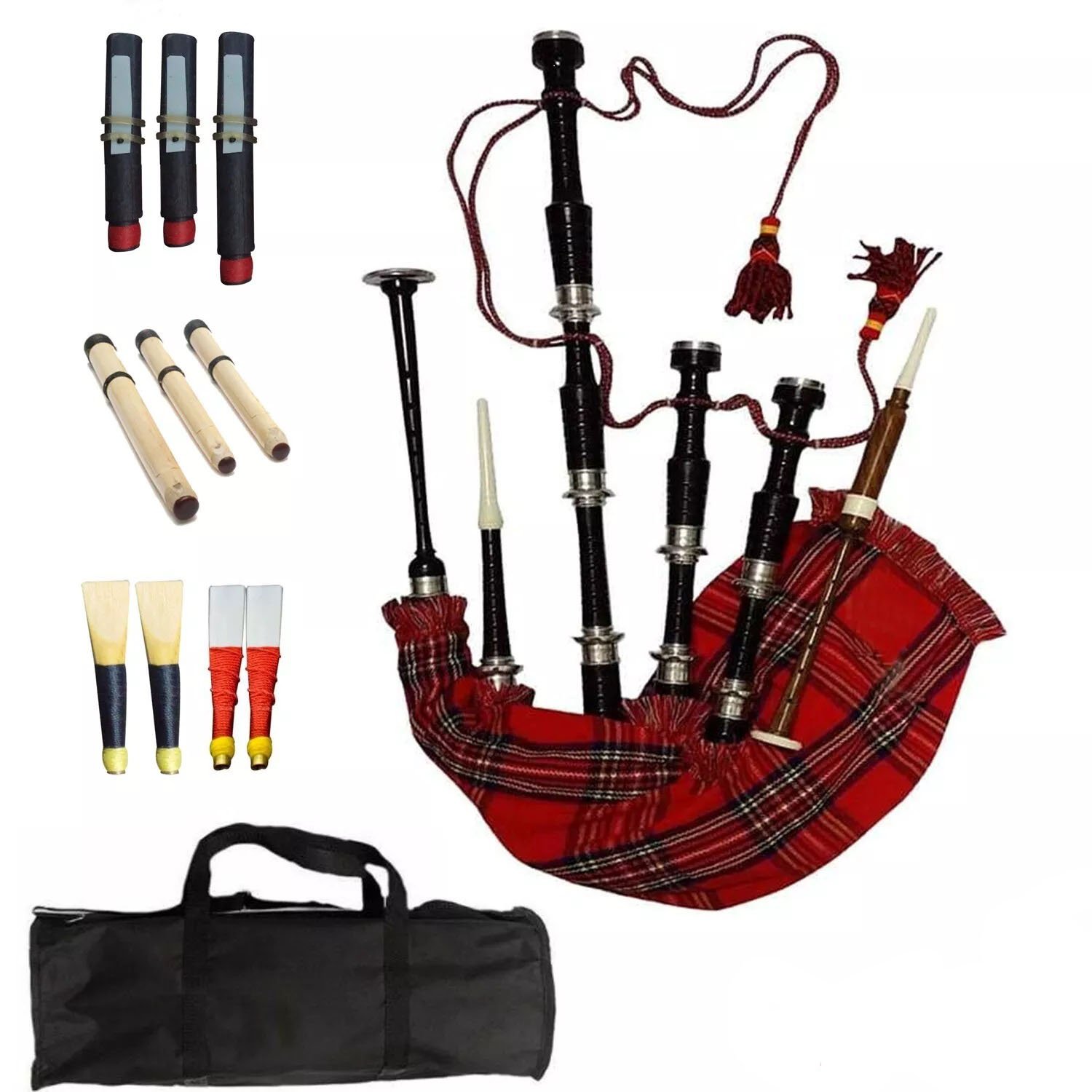 Great Highland Scottish Bagpipes with Royal Stewart Cover | Nickel Silver Mounts & Durable Bag | Professional Quality Instrument