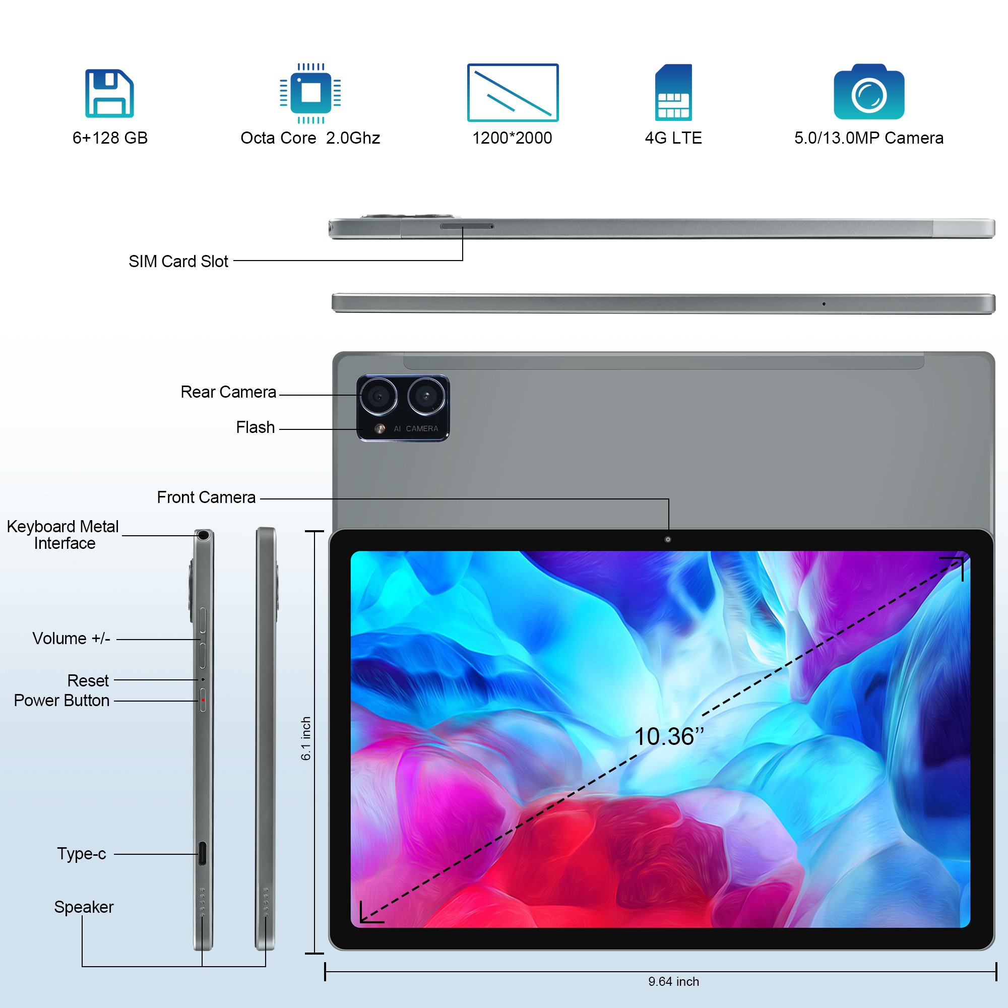 OEM 10.4 inch Android 12 Round Corner Design Tablet 6GB RAM 128GB ROM Tablet Smart Electronic Tablet Pc with Keyboard Covers