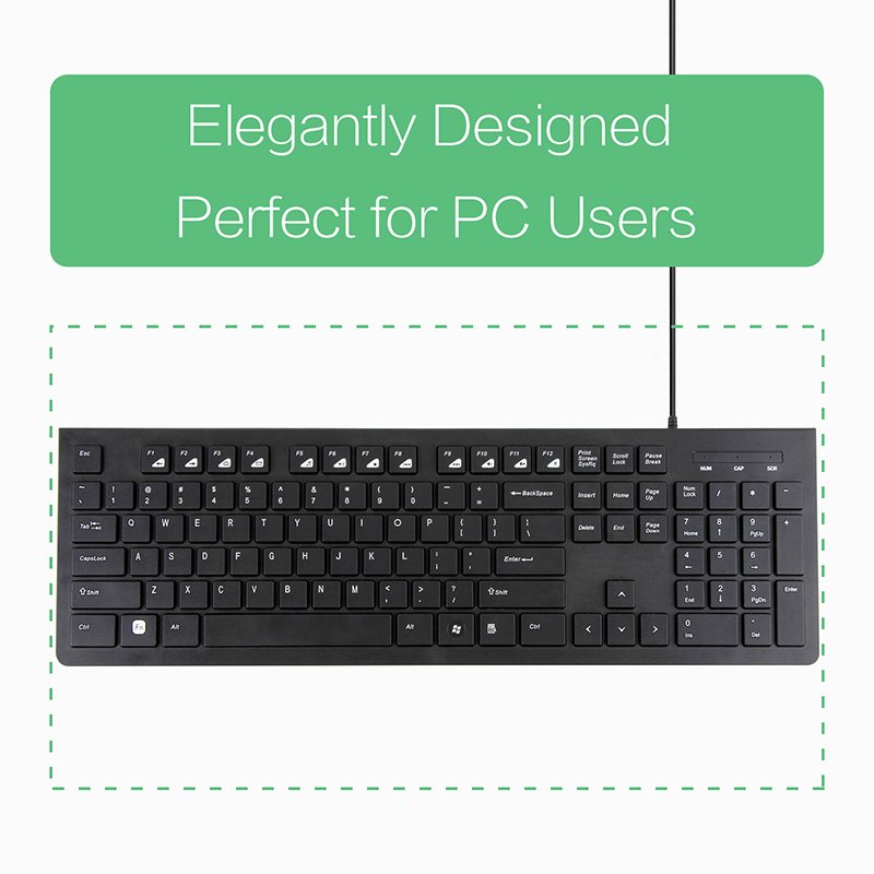 VCOM Ergonomic Computer Keyboard Wired 104Key Plug Play USB Keyboard for Office and Home
