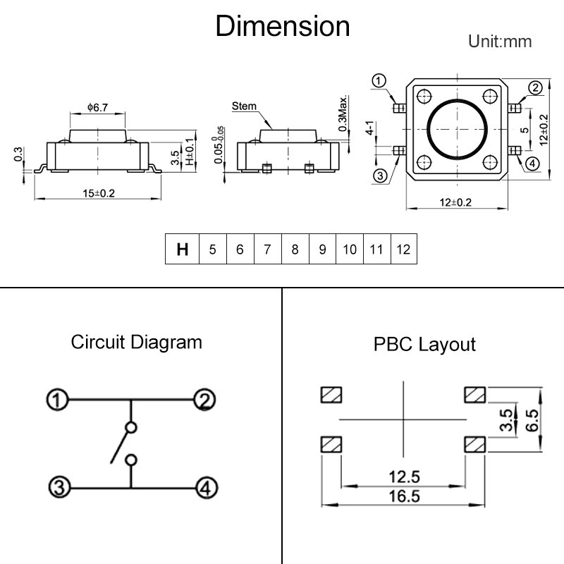 PCB 5/6/7/8/9/10/11/12mm Electric Momentary Vertical Tactile Push Button Switch ON OFF Tact Switch SMD SMT 12X12mm 4 Pin