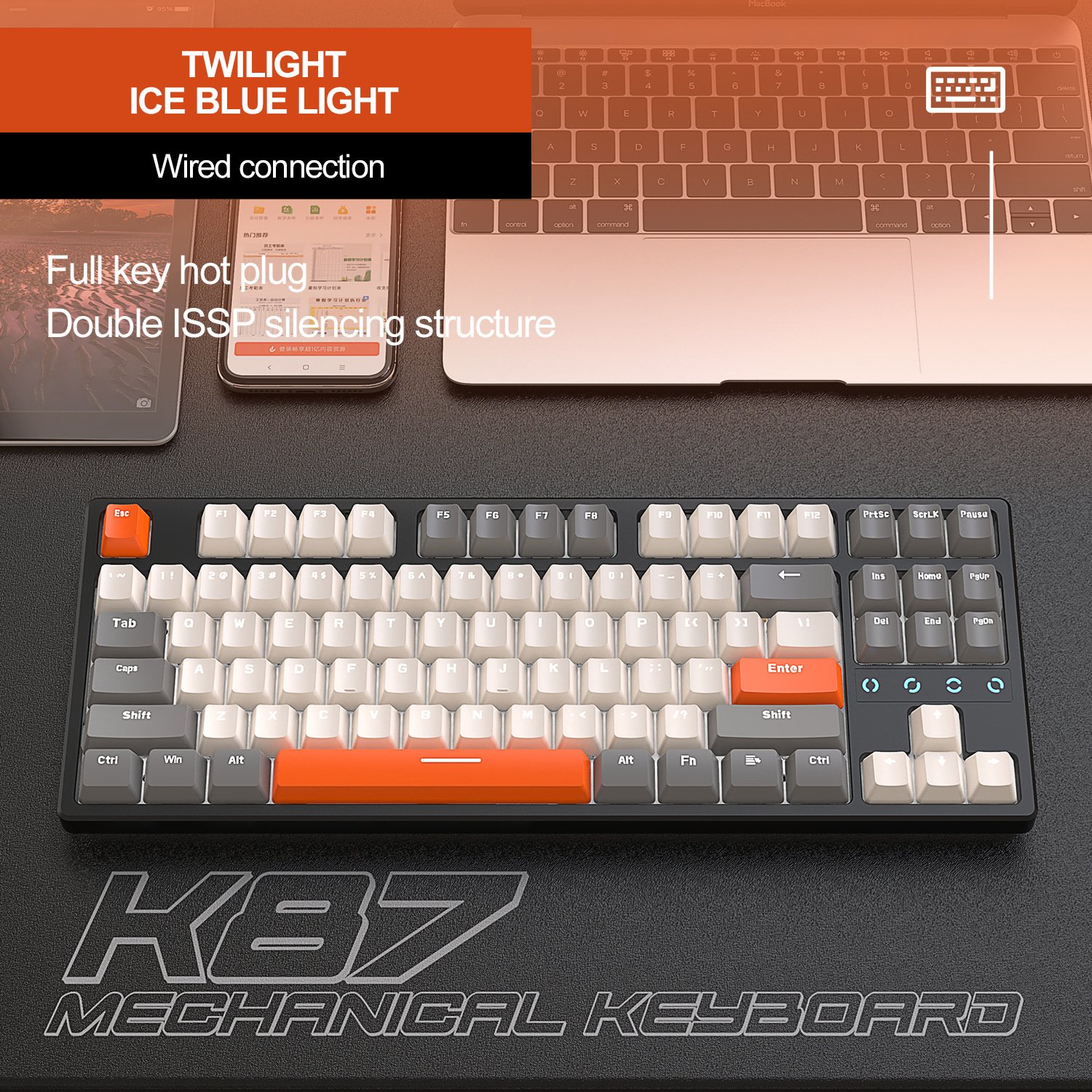 87-Key ABS Hot Swap Keycap Mechanical Gaming Keyboard Kailh Switch USB Type-C Wired Connection Red Brown Desktop Laptop ROHS
