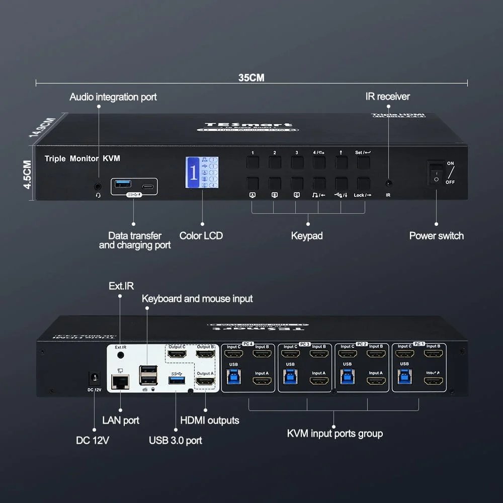 TESmart 4 In 3 Out KVM Switch Support 4K 60HZ 2 Display Modes L/R Audio Triple Monitor KVM Switch