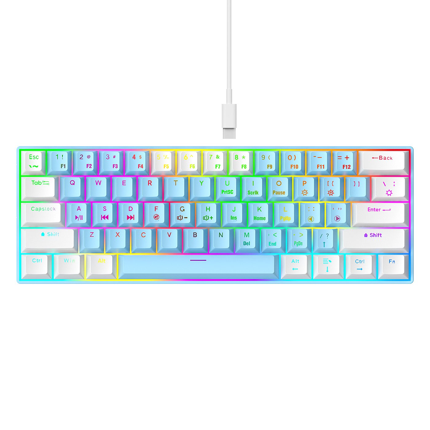 60 Percent Mechanical Gaming Keyboard Ergonomic Durable Detachable Type-C Cable Mini White Gaming Keyboard with Blue Switches