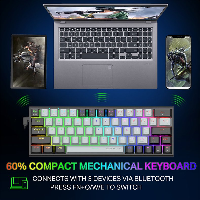 E-Yooso Z-11 Gaming Keyboard Wireless 2.4G BT RGB Backlit 60% 63 Keys Keyboard Programmable Mechanical keyboard