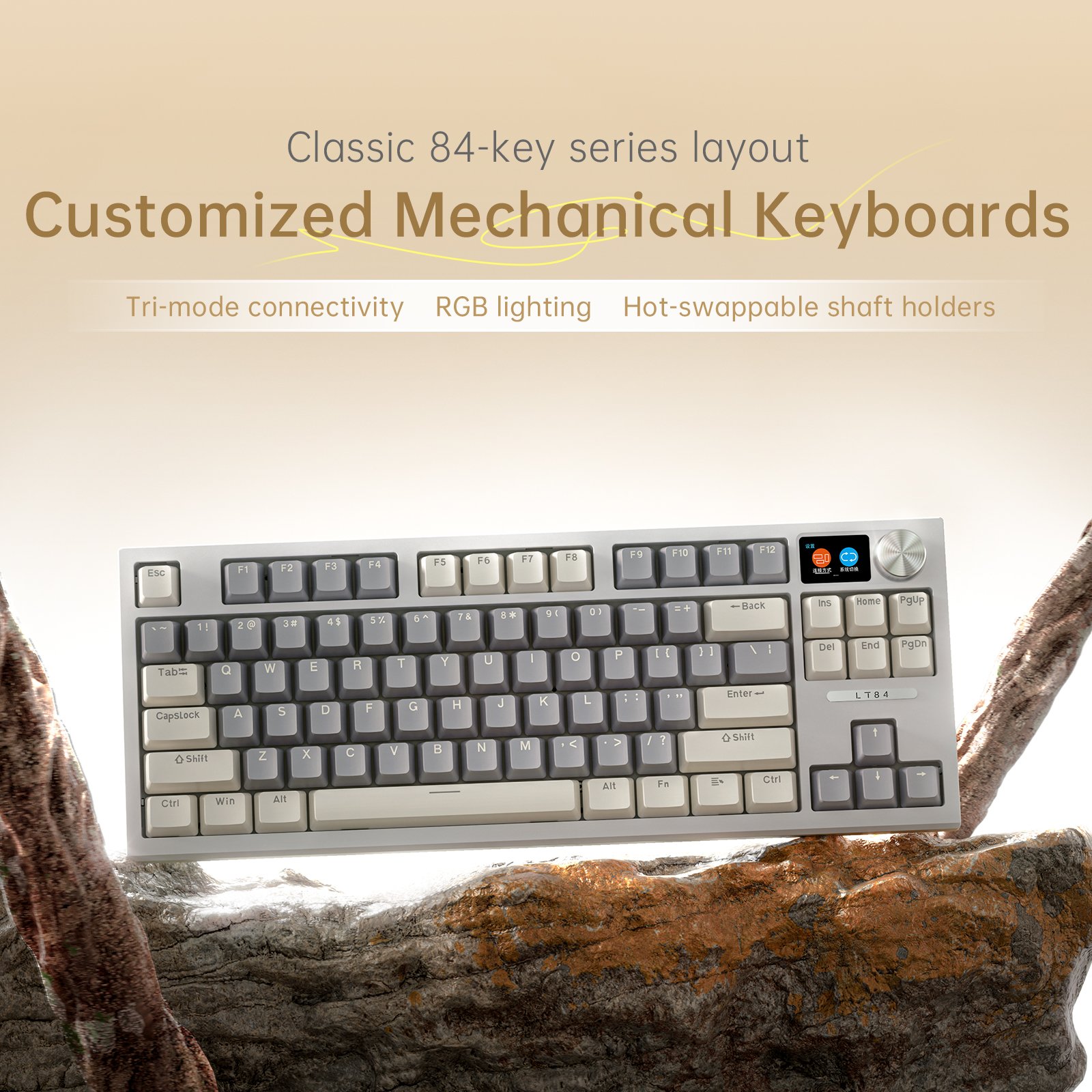 84 Keys Tri-mode Mechanical Computer Keyboard Office and Gaming With RGB backlight Knob 2.4G Wireless Type C USB Bluetooth
