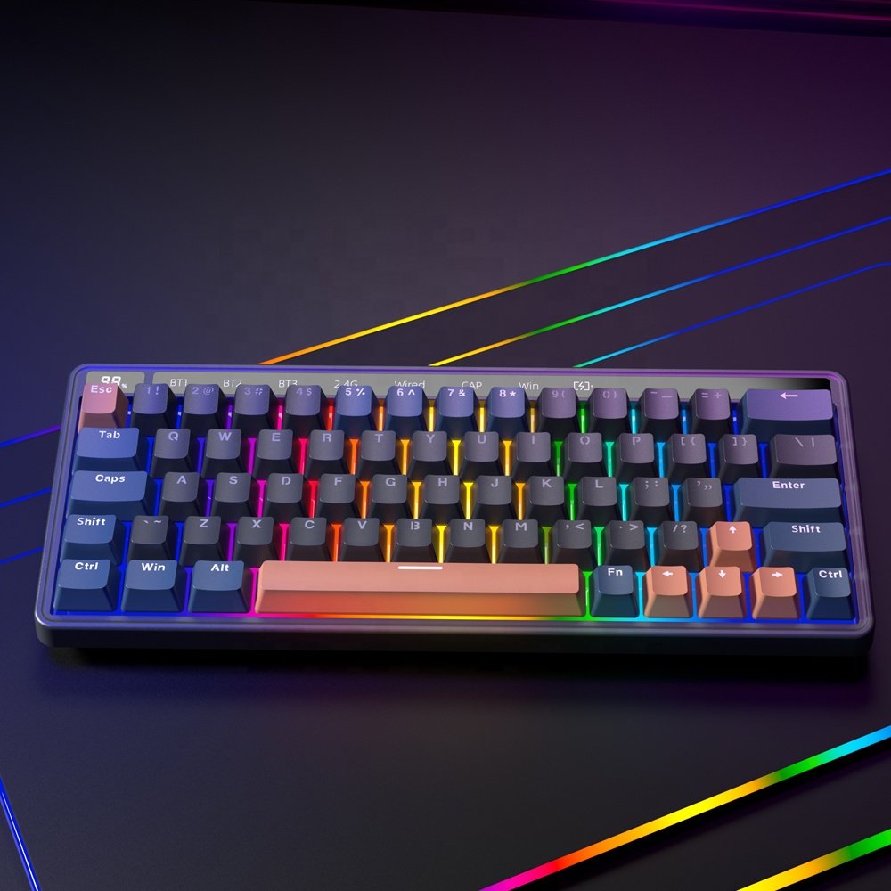 Wired Wireless Bluetooth three mode Ergonomics 61/64 Key Mechanical Gaming Keyboard with LED display