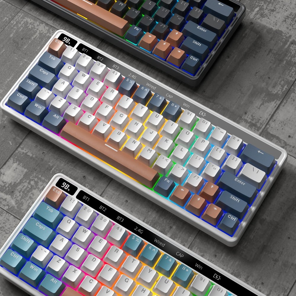Wired Wireless Bluetooth three mode Ergonomics 61/64 Key Mechanical Gaming Keyboard with LED display
