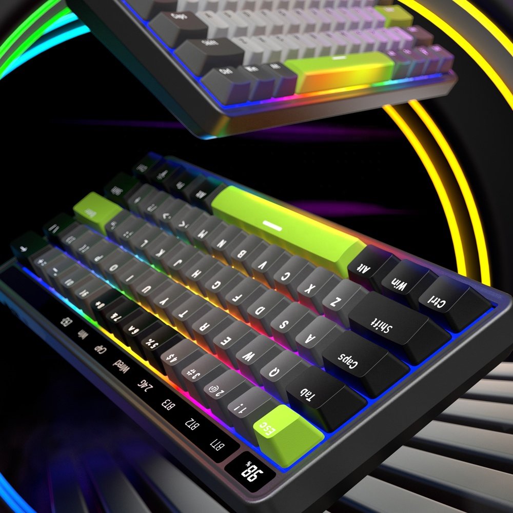 Wired Wireless Bluetooth three mode Ergonomics 61/64 Key Mechanical Gaming Keyboard with LED display