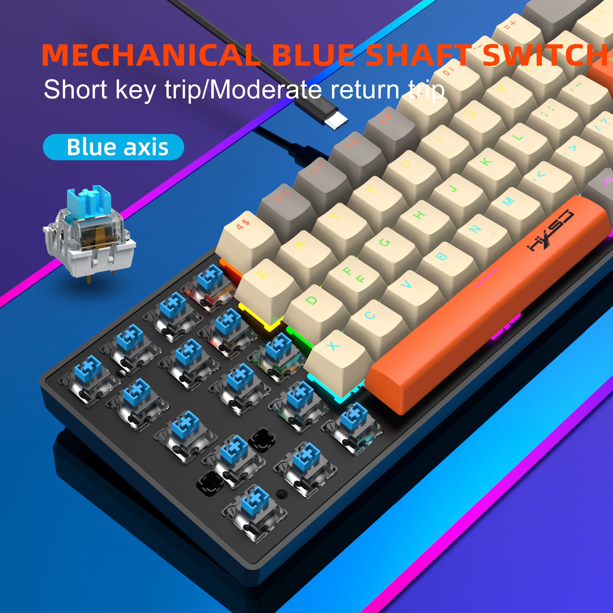 2024 New HXSJ K88 68keys mini compact portable blue switch colorful keycap gaming Mechanical keyboard wired for laptop gamer