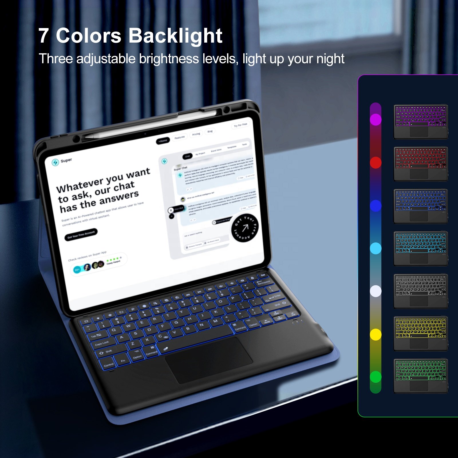 MoKo Detachable Touchpad 7 Colors Backlit Wireless Keyboard Cover Smart Bluetooth Keyboard Case for iPad Pro 13 Inch Case 2024