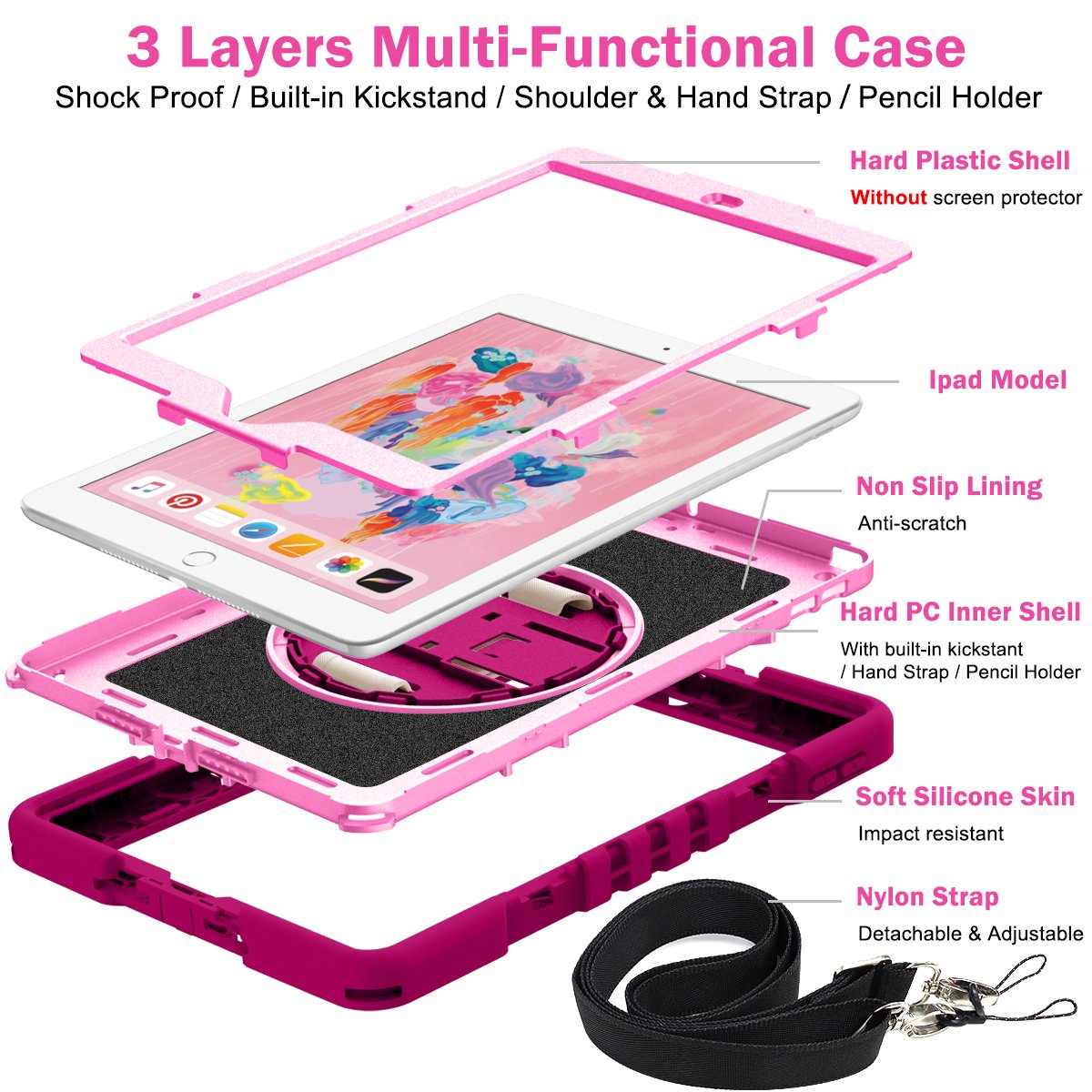 Heavy Duty Rugged Full Protective Dechatable Hand Strap Kickstand Tablet Case for iPad 10.2 7 8 9th Generation Case Cover
