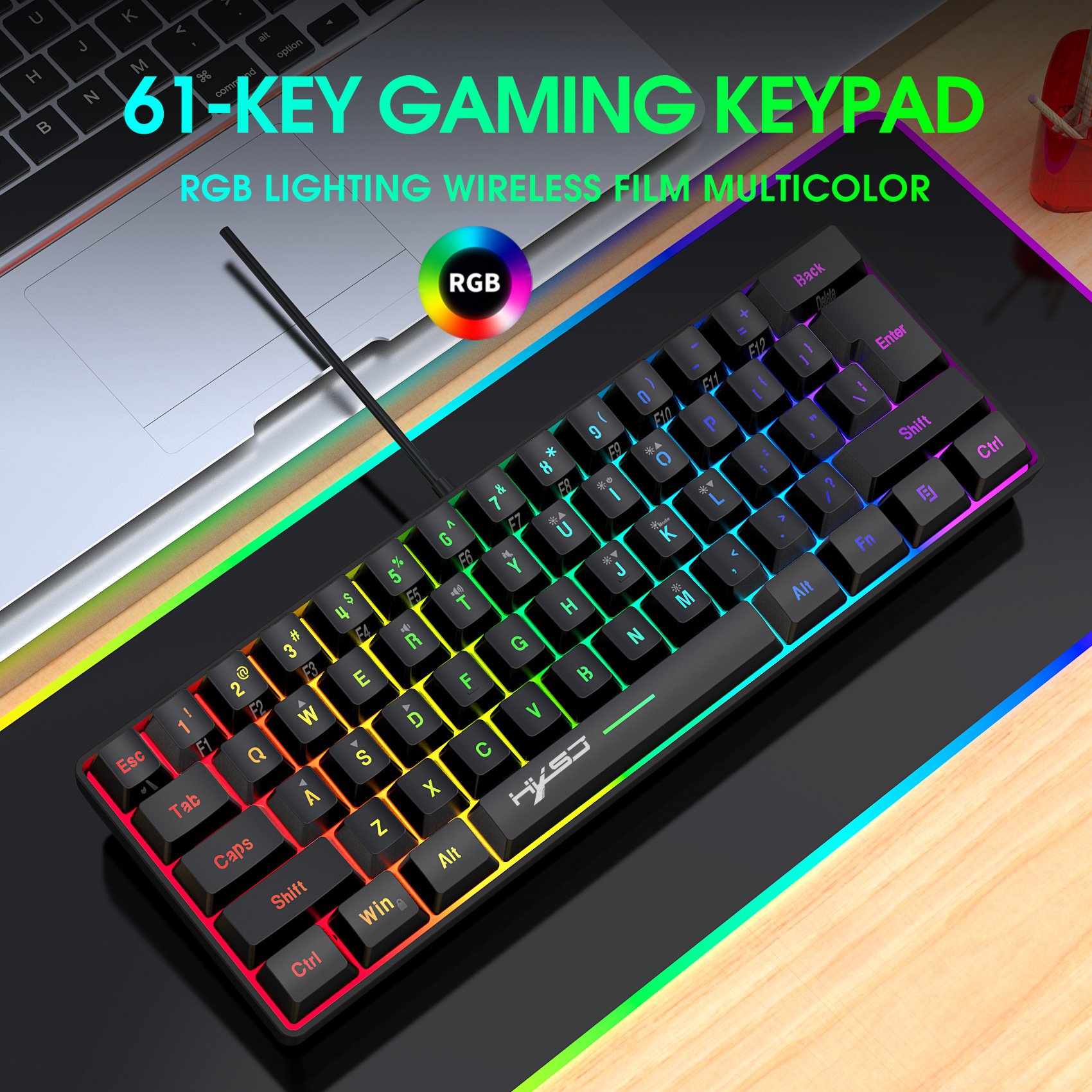 High quality HXSJ 61 keys 60 percent Mechanical feel Ergonomic Durable USB Cable RGB Mini White Gaming Keyboard for laptop gift