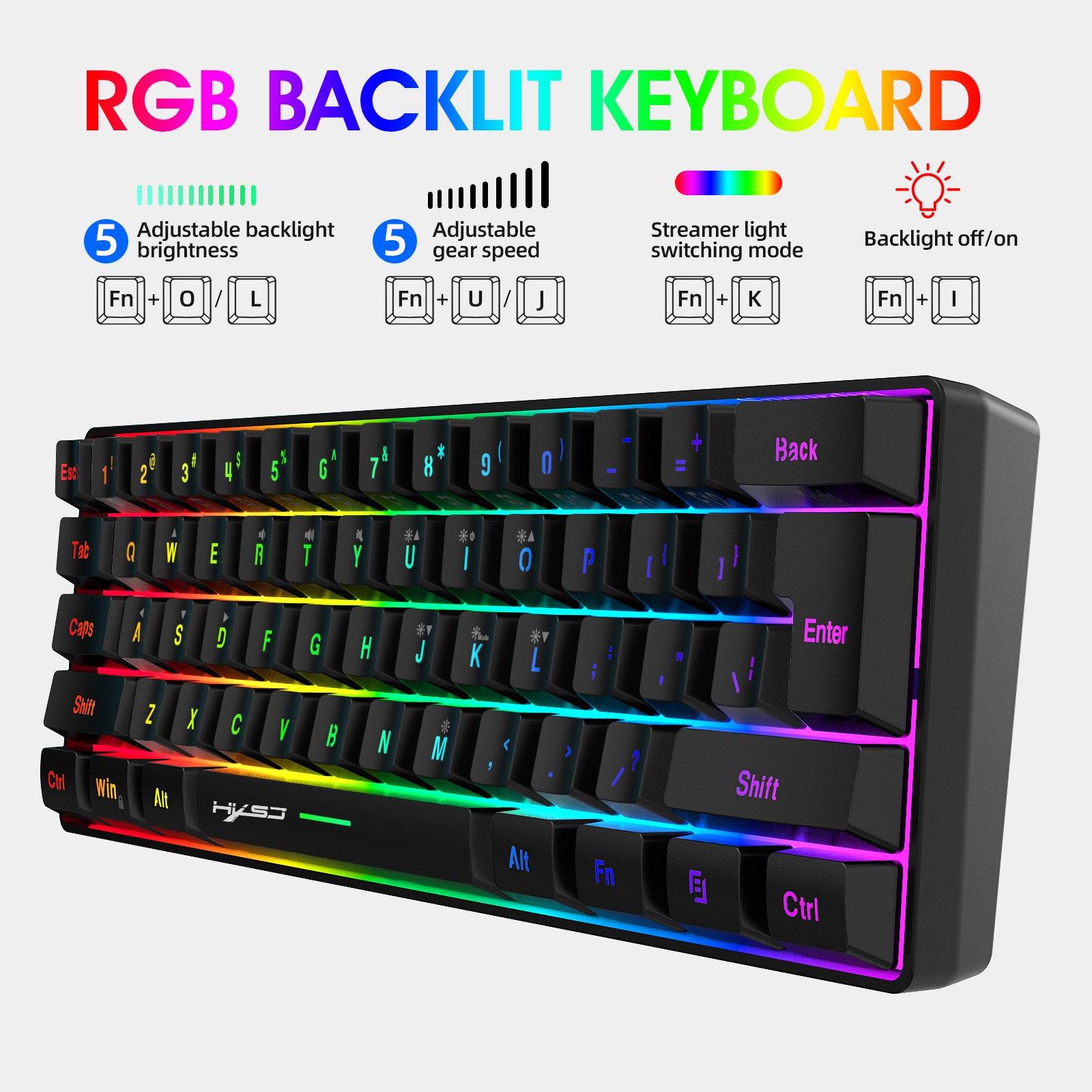 High quality HXSJ 61 keys 60 percent Mechanical feel Ergonomic Durable USB Cable RGB Mini White Gaming Keyboard for laptop gift